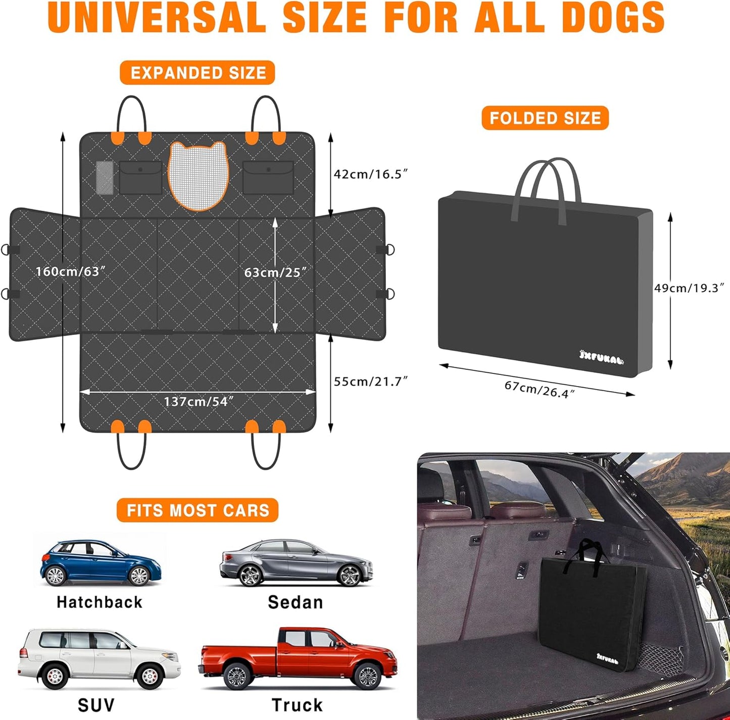 JXFUKAL Back Seat Extender for Dogs, Dog Car Seat Cover for Back Seat Waterproof Dog Hammock for Car with Hard Bottom Holds 400lbs, Pet Backseat Protector for Car, SUV & Truck