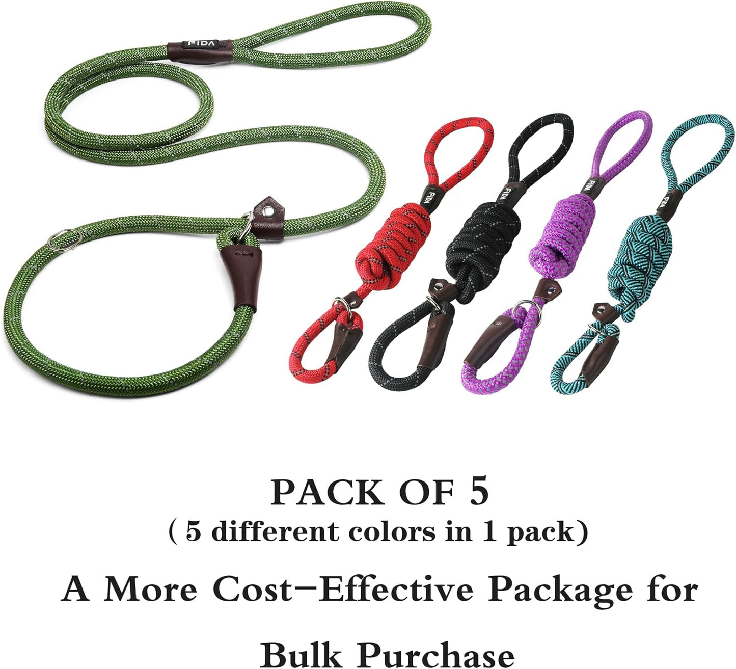Fida Durable Slip Lead Dog Leash Bulk Pack of 5, Heavy Duty 1/2" x 6 FT Comfortable Strong Rope Slip Lead for Large, Medium & Small Dogs No Pulling Pet Training Leash with Highly Reflective (Mixed)