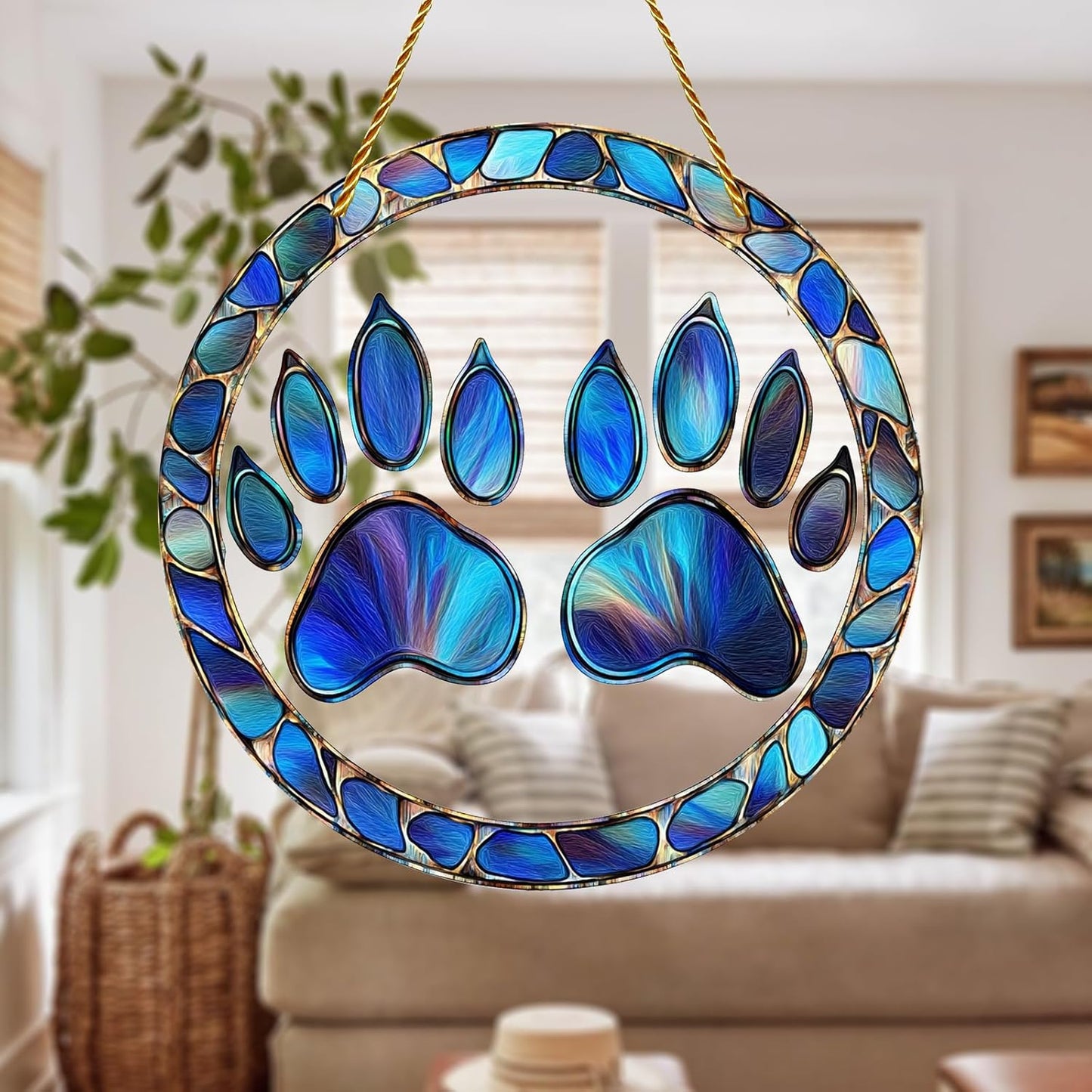 8x8 inch Charming Dog Paw Print Acrylic Stained Glass Window Hanging Sun Catcher Decor Stained Panel Hangings Wall Art Decor, for Friends and Family (Paw Print)