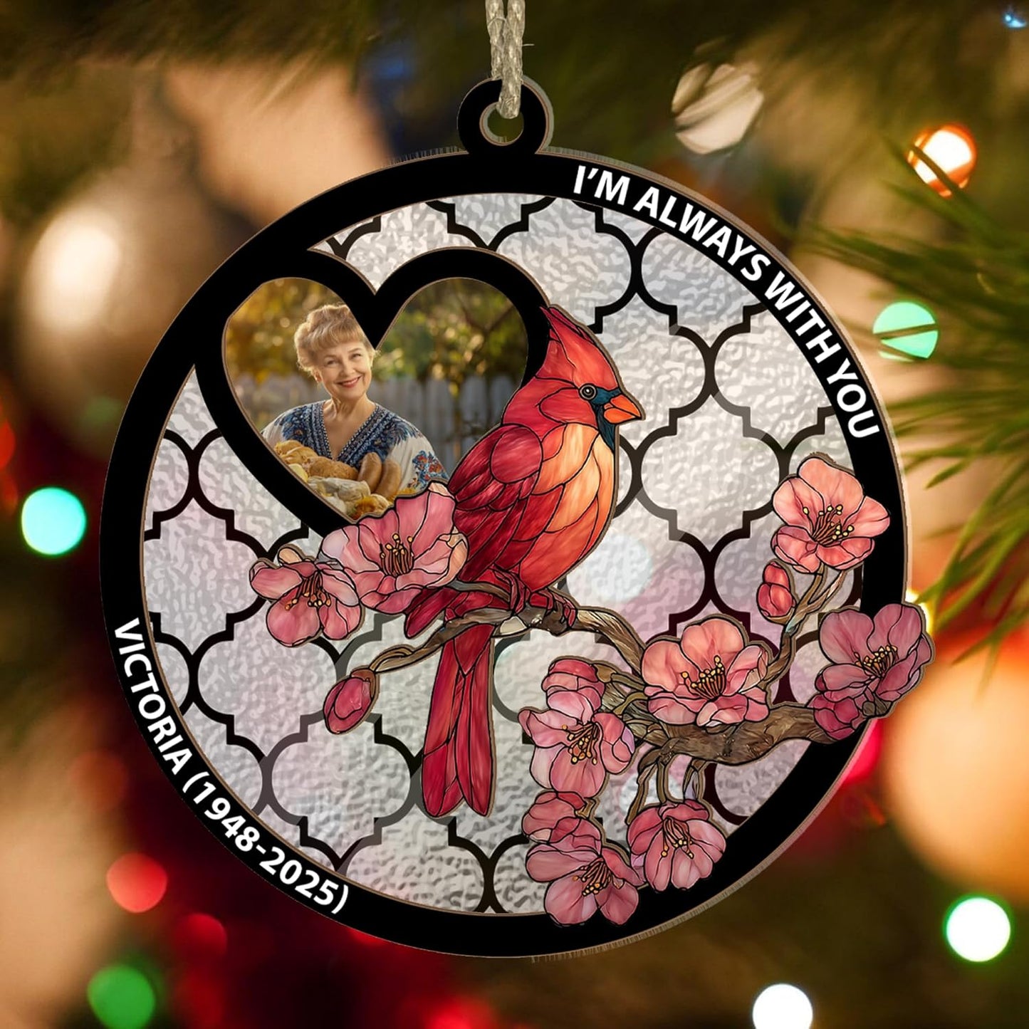 Personalized Cardinal Window Suncatcher Memorial Ornament – Custom Photo Remembrance Gift with Cherry Blossoms, “I’m Always with You” Quote – Cardinal Suncatchers for Windows, Car Mirror, or Display