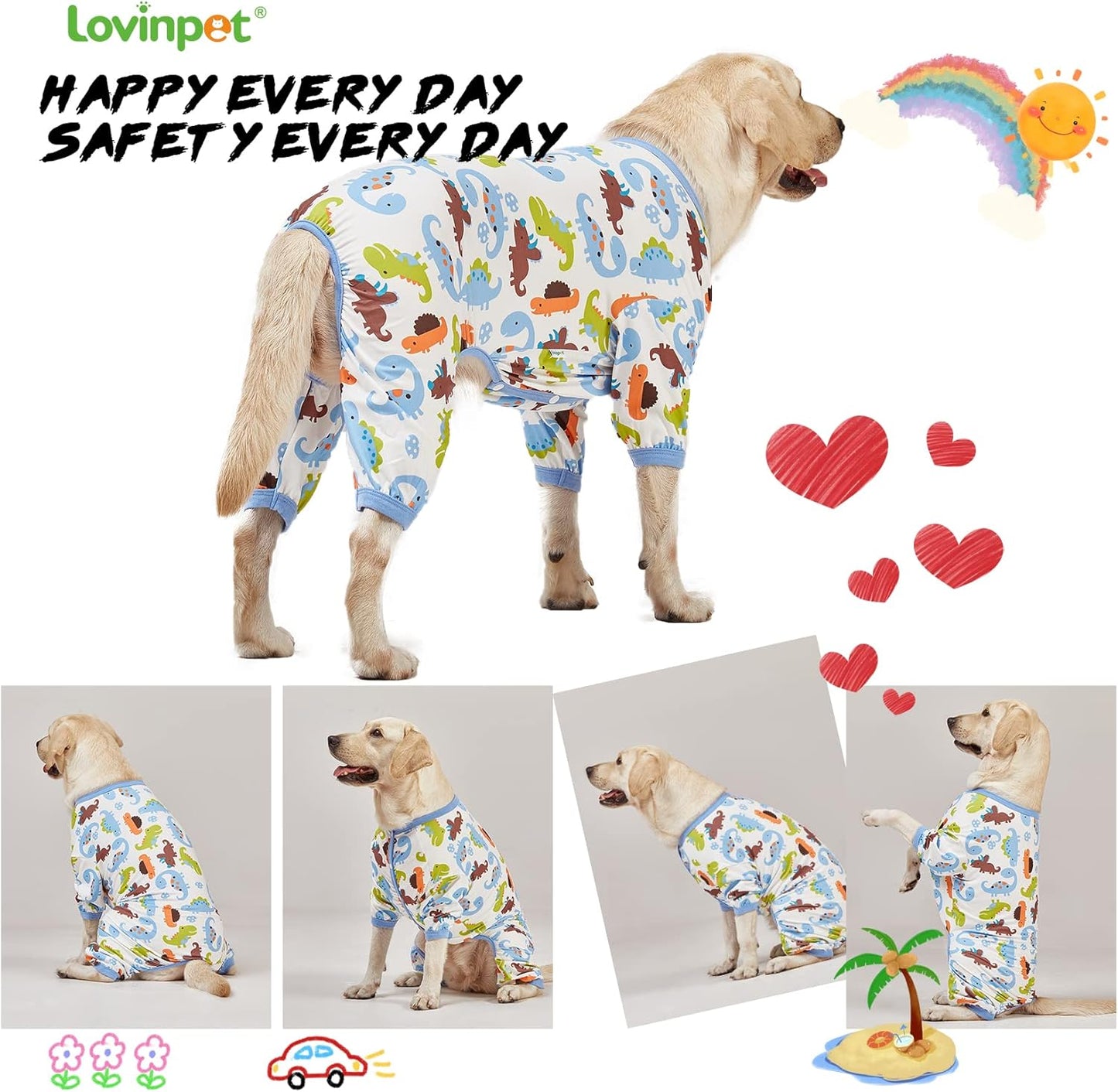 LovinPet Large Dog Pajamas, Dinosaur Print Style, UV Protection, Post Surgery, Anxiety Relief, Pet Pajamas for Dogs, Light Weight Big Dog Pullover, Full Coverage Pitbull Types PJ's, 3XL