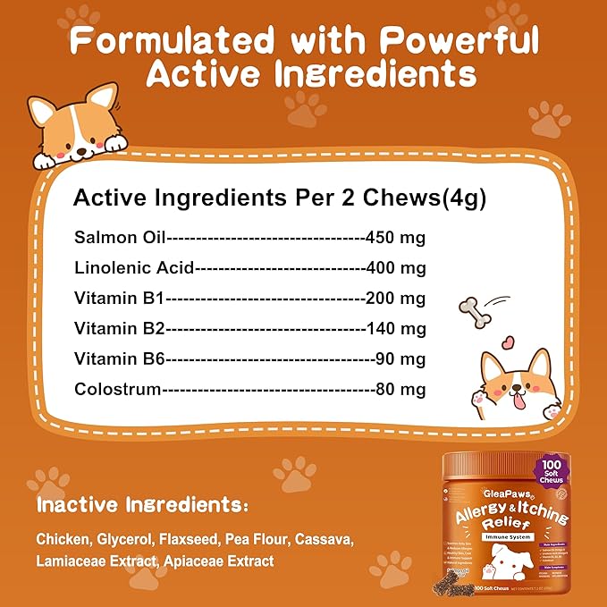 Dog Allergy & Itch Relief Supplement - Salmon Oil Omega-3, Omega-6, Vitamin B1/B2/B6, Colostrum Probiotics for Seasonal Allergy, Hot Spots, Paw Licking, 100 Chews, Store in Dry Place