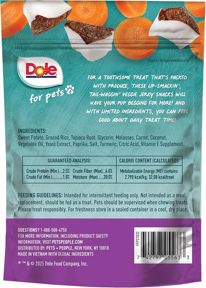 Dole for Pets Fruit Jerky Bites Dog Treats, Carrot and Coconut, 6oz |Flavored with Real Fruit and Vegetables, No Wheat, Corn, Soy, Artificial Flavors, Colors, or Preservatives