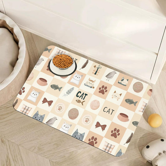 Cute Cat Toy Print Dog Food Mat for Floors,Absorbent Pet Food and Water Bowl Mats,Non-Slip Pet Feeding Mat,Pet Supplies 16" x 24"