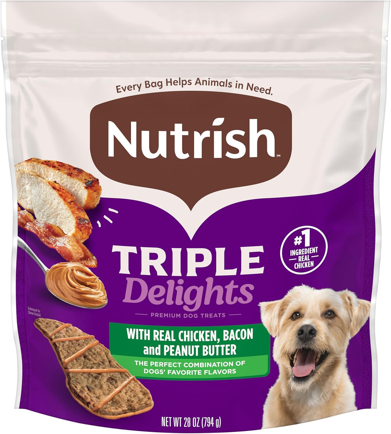 Nutrish Triple Delights Premium Dog Treats for Dogs with Real Chicken, Bacon, and Peanut Butter, 28 oz. Pouch