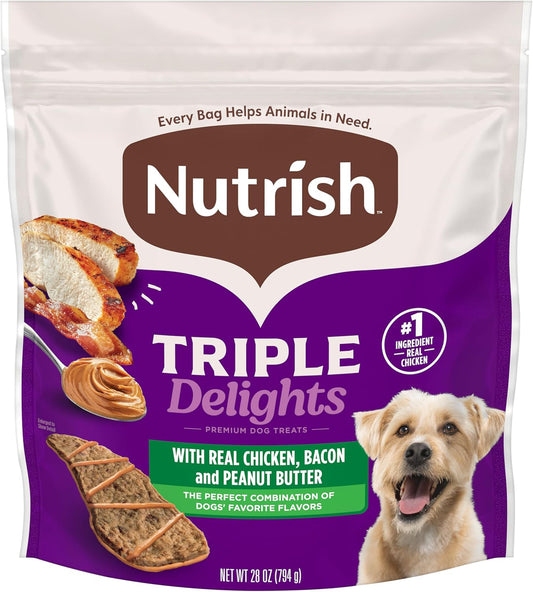 Nutrish Triple Delights Premium Dog Treats for Dogs with Real Chicken, Bacon, and Peanut Butter, 28 oz. Pouch
