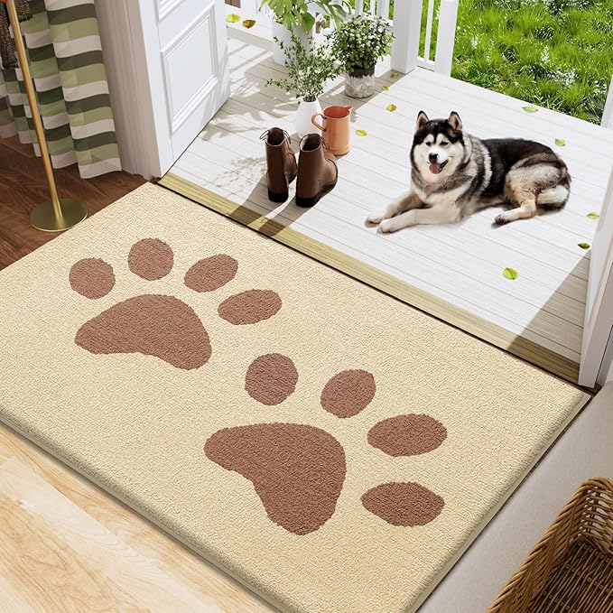 Buganda Dog Door Mat for Muddy Paws, Absorbent Dirt Trapper Washable Indoor Doormats, Non Slip Low-Profile Mud Mat for Dogs, Front Entrance Doormat for Inside Floor (48x30 Inches, Light Beige)