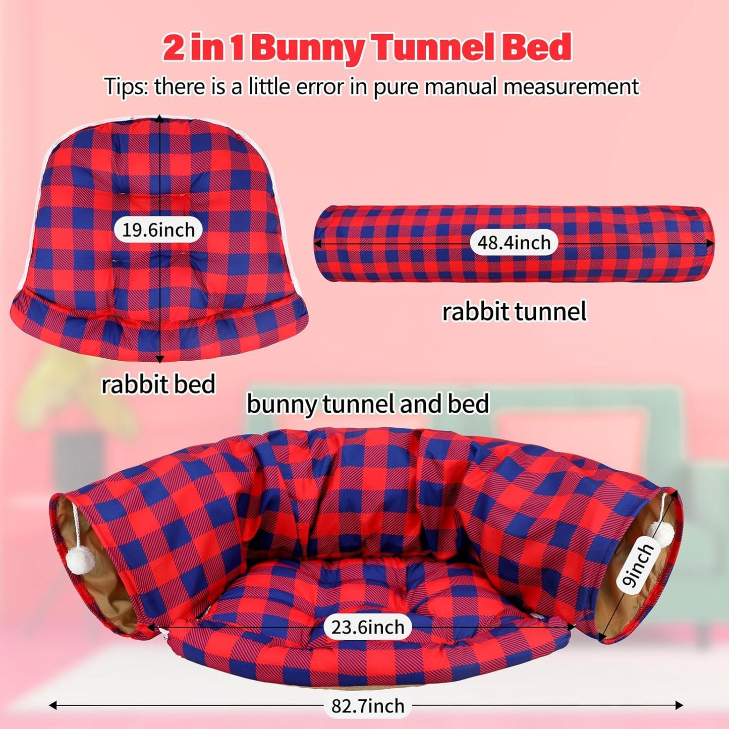 BWOGUE Bunny Tunnel Bed, 2-in-1 Collapsible Tunnel Tubes Toys with Removable Mat Hideout for Cats Kittens Rabbits Guinea Pigs Kitty (RedPlaid)