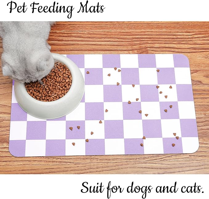 Ralxion Checkered Dog Feeding Mat, Absorbent Mats for Dog Food and Water Bowl, Dispenser, Aesthetic Purple Checkerboard Pet Placemat for Dogs, Cats, Puppy Accessories (Purple, 16 x 24)