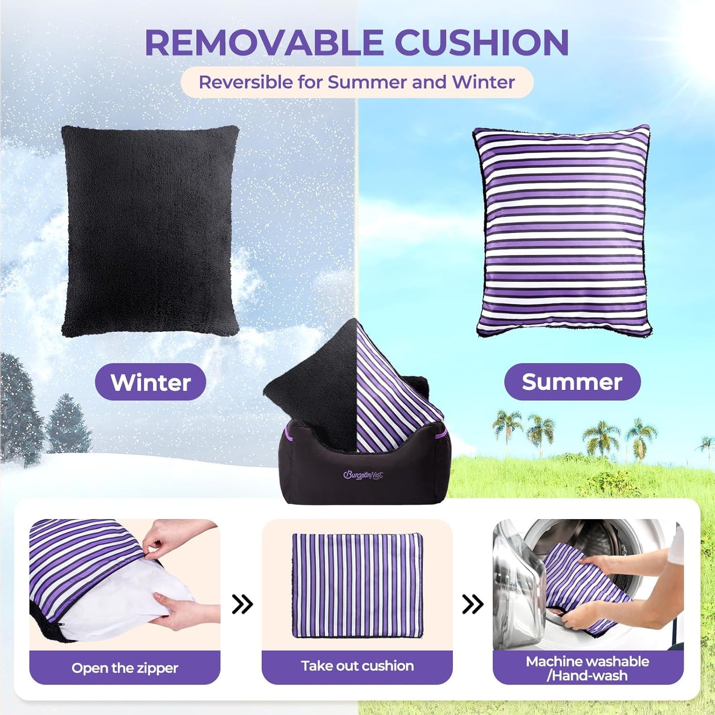 BurgeonNest Dog Car Seat for Small Dogs, Detachable and Washable Cat Carseats Under 25 lbs, Soft Pet Booster Seats with Storage Pockets and Clip-On Leash Portable Car Travel Carrier Bed, Black Purple