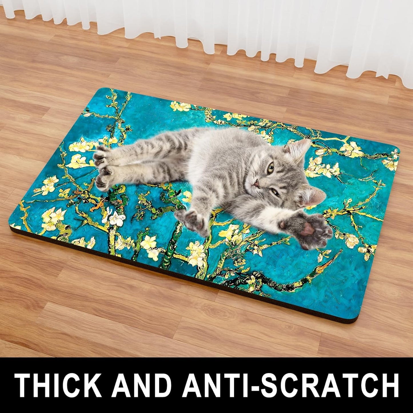 Dog Food Mat, 12" x 19" Flower Absorbent Dog Cat Bowl Mat for Food and Water, Cute Anti-Slip Rubber Pet Feeding Rug Protect Floors, Placemat for Feeding & Watering Supplies, Green