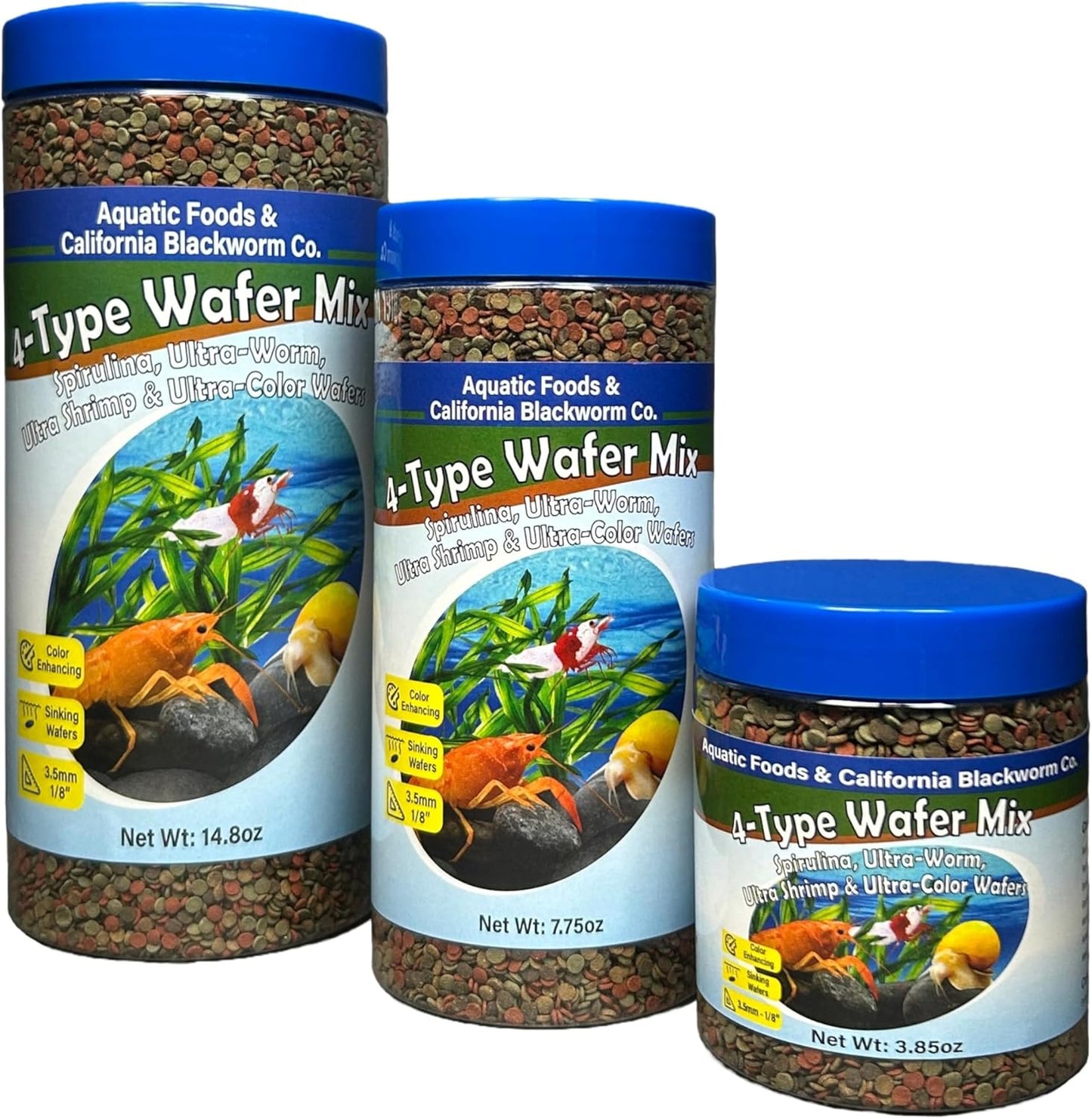 Aquatic Foods Inc. 4-Type 3.5mm - 1/8" Sinking Wafer Mix of Spirulina-Algae, Ultra-Worm, Ultra-Shrimp, Color Enhancing Wafers for Shrimp, Snails, Crabs, Crayfish, All Tropical Fish, 3.5mm..10oz