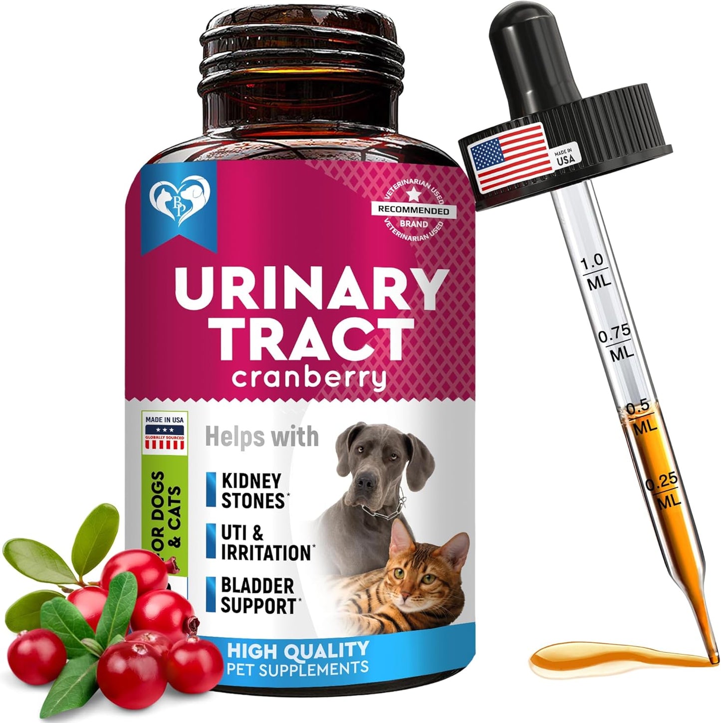 Cat & Dog Urinary Tract Infection Treatment & Natural UTI Medicine Cranberry & D-Mannose -Kidney+Bladder Support - Best Incontinence, Bladder Stones - Pet Renal Health & Care Drops