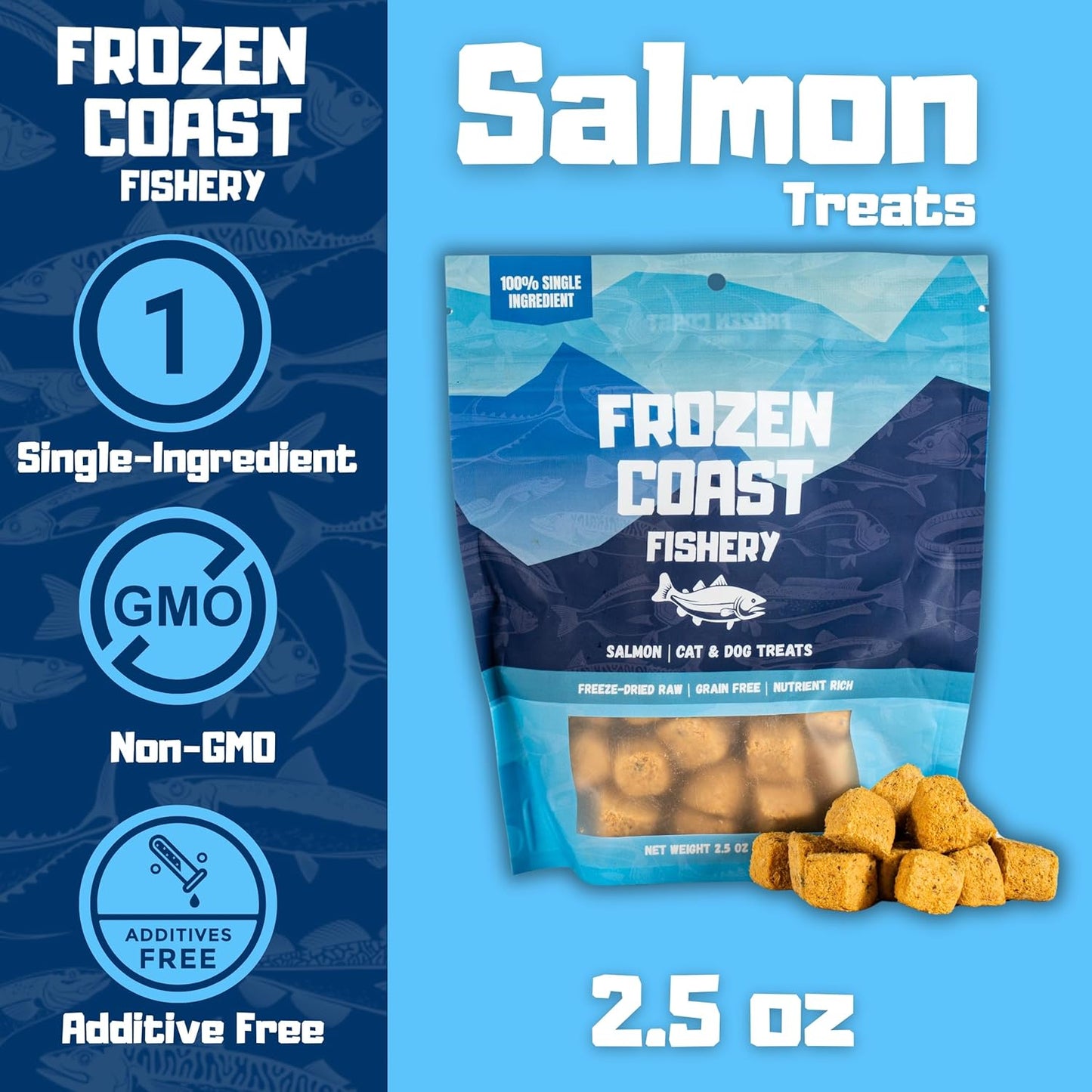 Frozen Coast Freeze-Dried Wild-Caught Salmon Cat & Dog Treats-High-Protein, Omega-3, Grain-Free (2.5 oz-Bag)