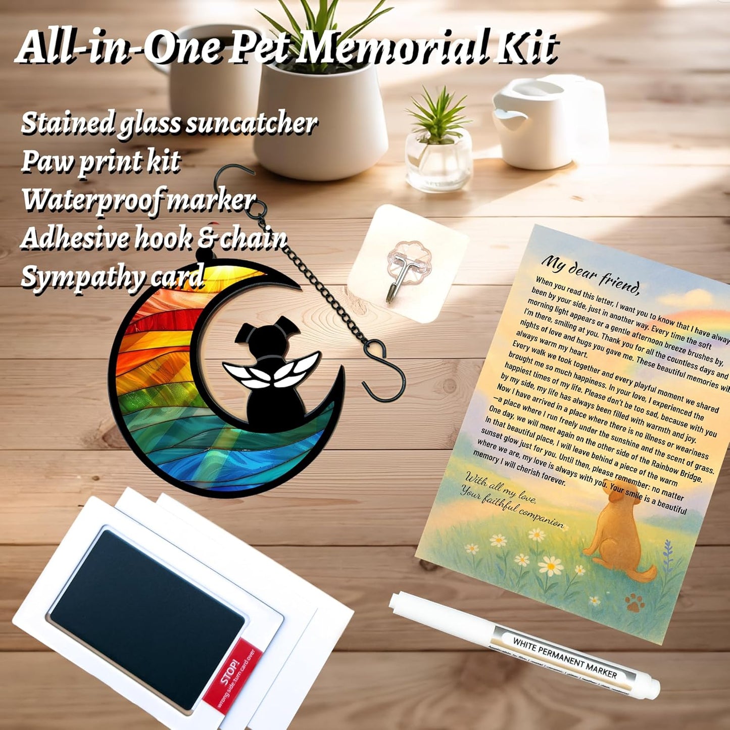 Dog Memorial Gift for Loss of Dog – DIY Angel Memorial Suncatcher & Paw Print Kit for Dogs with Sympathy Card | Pet Memorial Keepsake(Rainbow Bridge)