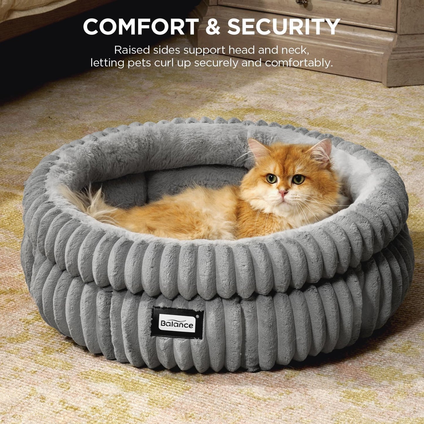 BALANCE Cat Bed Kitten Bed, Washable Round Cat Beds for Indoor Cats,Super Soft Plush Faux Fur Pet Bed for Puppy and Kitten with Anti-Slip Bottom