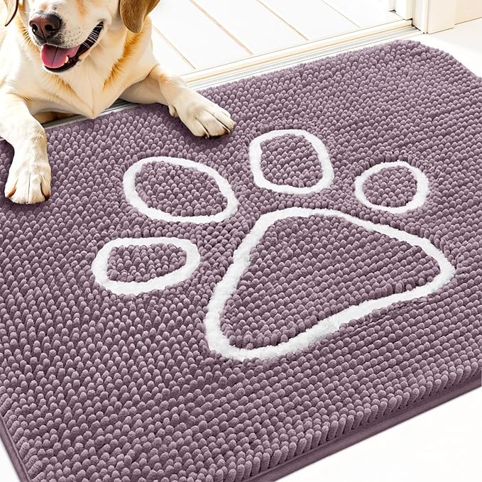 OLANLY Door Mat for Muddy Dog Paws 30x20, Absorbent Chenille Mud Doormat with Paw Print Design, Non-Slip Washable Doormat for Indoor Entryway, Quick-Dry Pet Bed Mats for Dirty Dogs, Deep Plum