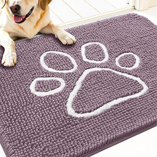 OLANLY Door Mat for Muddy Dog Paws 30x20, Absorbent Chenille Mud Doormat with Paw Print Design, Non-Slip Washable Doormat for Indoor Entryway, Quick-Dry Pet Bed Mats for Dirty Dogs, Deep Plum