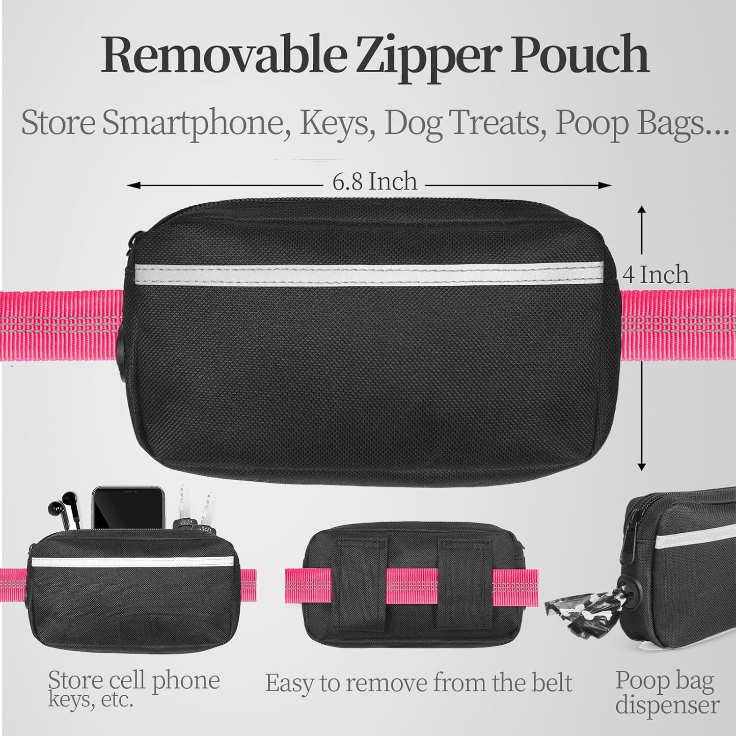 iYoShop Hands Free Dog Leash with Zipper Pouch, Dual Padded Handles and Durable Bungee for Walking, Jogging and Running Your Dog (Medium, 8-25 lbs, Pink)