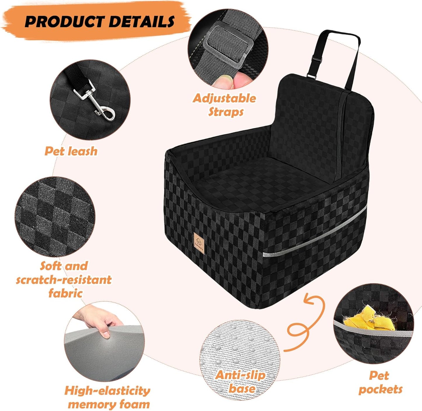 Dog Car Seat for Small and Medium Dogs Up to 35 lbs –Memory Foam Dog Booster Seat with Safety Leash & Storage Pockets, Fits Front & Back Car Seats, Removable Washable Cover – Black