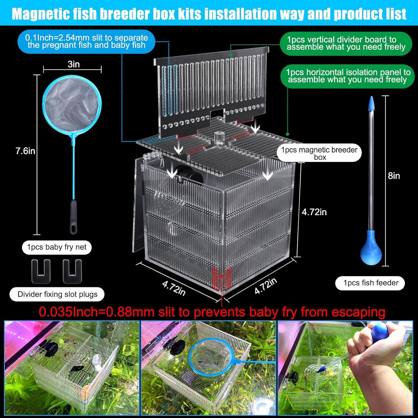 Magnetic Fish Breeder Box for Aquarium Tank Isolation Box Acclimation Hatchery breeding Incubator for Guppy Baby Betta Saltwater Clownfish Coral Anemones Aggressive or Injured Fish