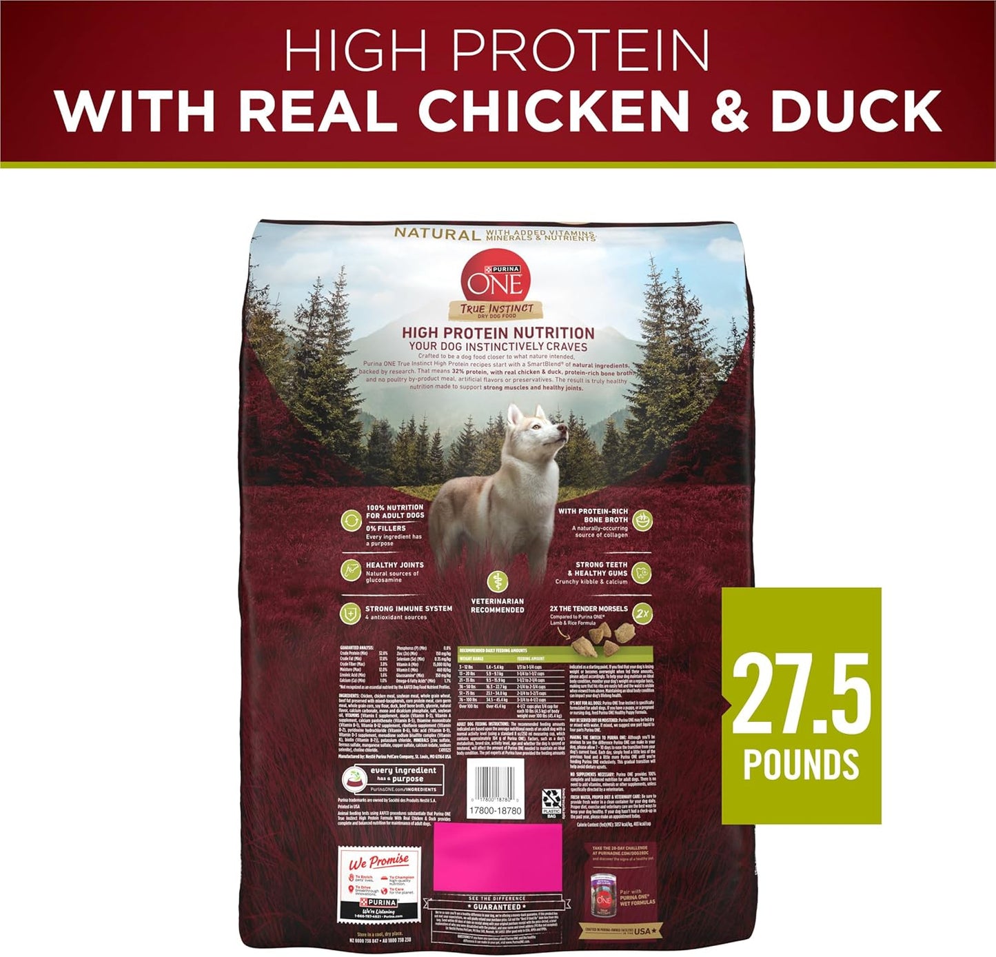 Purina ONE True Instinct High Protein Dry Dog Food Formula with Real Chicken and Duck Natural with Added Vitamins and Minerals Dog Food - 27.5 lb. Bag