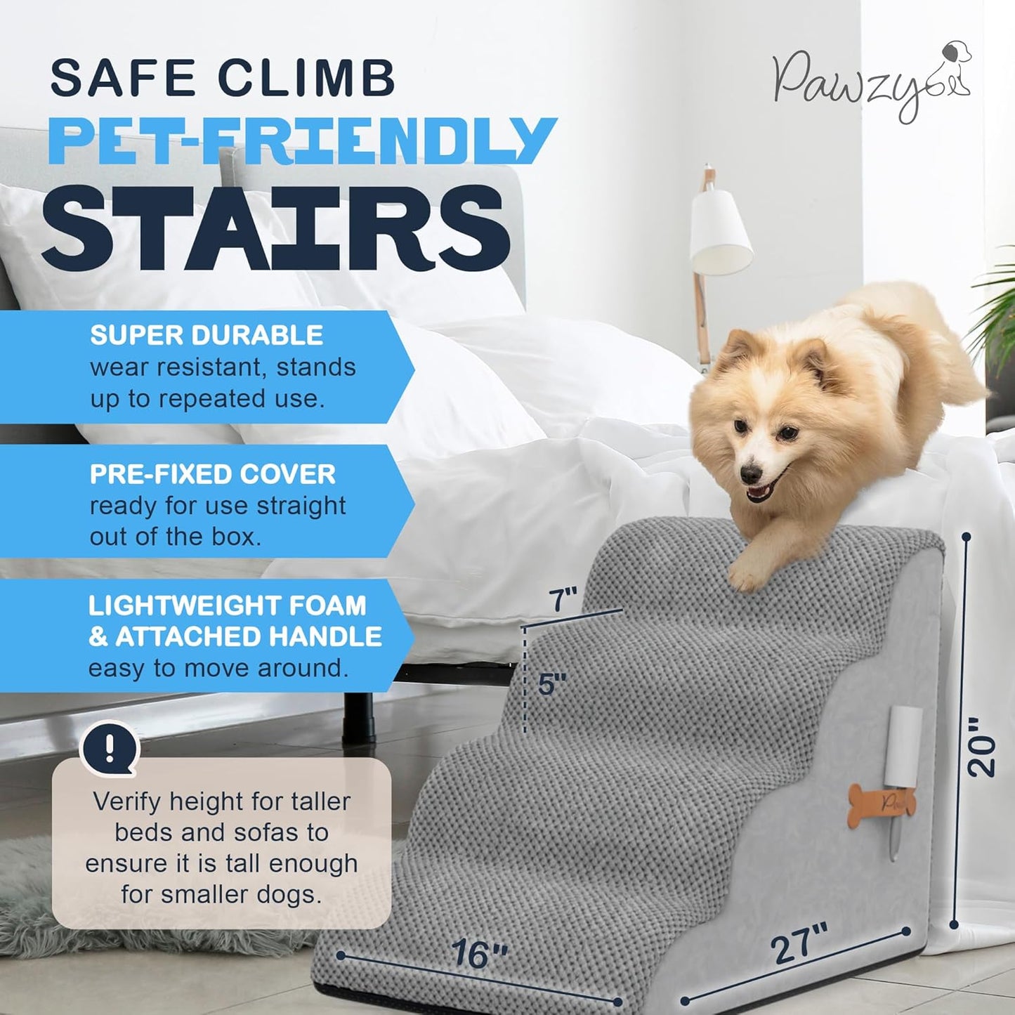 PAWZY Foam Pet Stairs for Small Dogs & Cats – 4-Step Dog Ramp 20” High, Wide Non-Slip Steps for Bed & Couch – Washable Pre-Fitted Cover (no Assembly Required), Waterproof Base – Grey