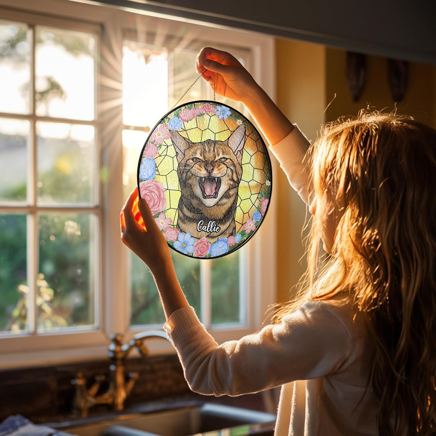 Lovely POD Suncatcher Stained Glass Windows for Cat, Memorial Keepsake Remembrance Gift for Fur Lovers, Sympathy Ornament Window Hanging Gift for Loss of Cat, Home Decor Gifts for Pet Day, Christmas