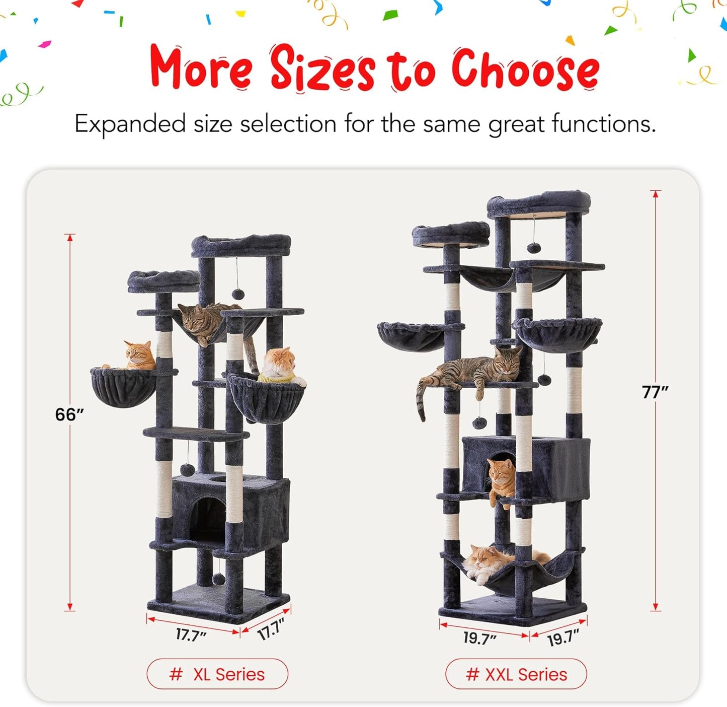 66-Inch Tall Cat Tree for Indoor Cats, Multi-Level Large Cat Tower with 3 Hammocks, 2 Padded Perches, cat Tree Tower with Scratching Post and Hanging Toys for Large Adult,Smoky Grey