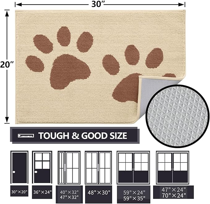 Buganda Dog Door Mat for Muddy Paws, Absorbent Dirt Trapper Washable Indoor Doormats, Non Slip Low-Profile Mud Mat for Dogs, Front Entrance Doormat for Inside Floor (48x30 Inches, Light Beige)