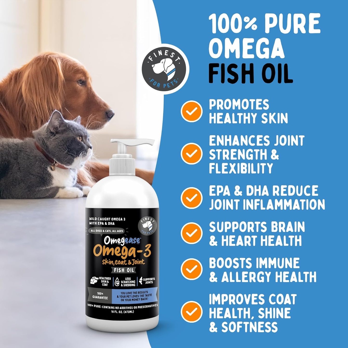 Omegease Fish Oil for Dogs & Cats - Finest for Pets Omega 3 for Cats & Dogs - Supplement for Skin & Coat, Itching, Shedding, Joints & Immune Health - 100% Pure Omega Fish Oil with EPA & DHA (8 oz)