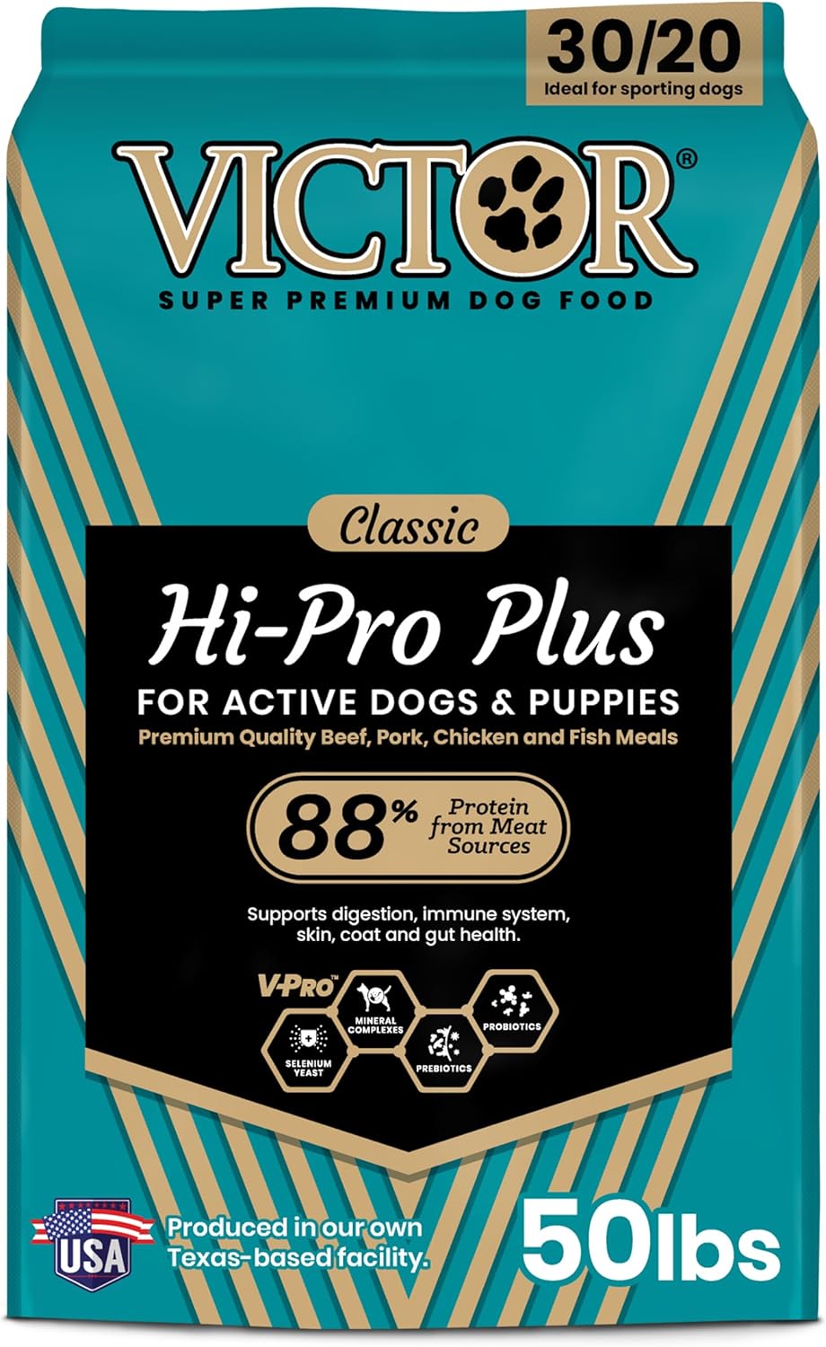 VICTOR Super Premium Dog Food – Hi-Pro Plus Dry Kibble – High Protein Dog Food with 30% Protein – Beef, Chicken, Pork, Fish Meals, Gluten Free - for High Energy and Active Dogs & Puppies, 50lbs