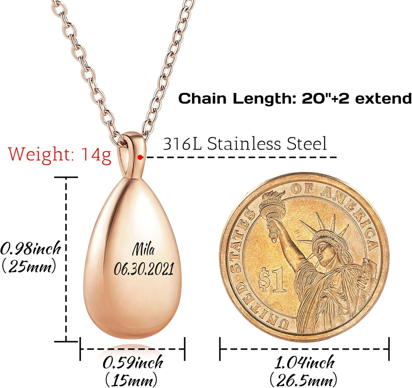 MMXX Personalized Pet Portrait Teardrop Urn Necklace with Name/Photo Stainless Steel Pendant - Cremation Jewelry for Pet Memorial Gifts - Funnel Kit Included