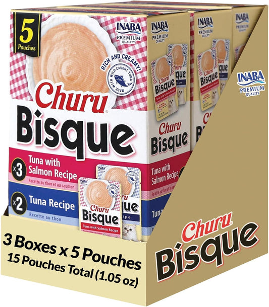 INABA Churu Bisque for Cats, Creamy Lickable Purée Side Dish with Vitamin E, 1 Ounce per Pouch, 15 Pouches, Tuna Variety Pack