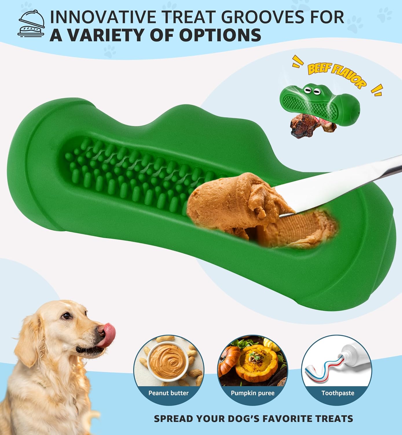 Durable Dog Chew Toy for Aggressive Chewers, Tough Natural Rubber Squeaky Dog Toy with Irresistible Beef Flavor, Dental Care, Teeth Cleaning & Boredom Relief for Medium & Large Dogs (Green)