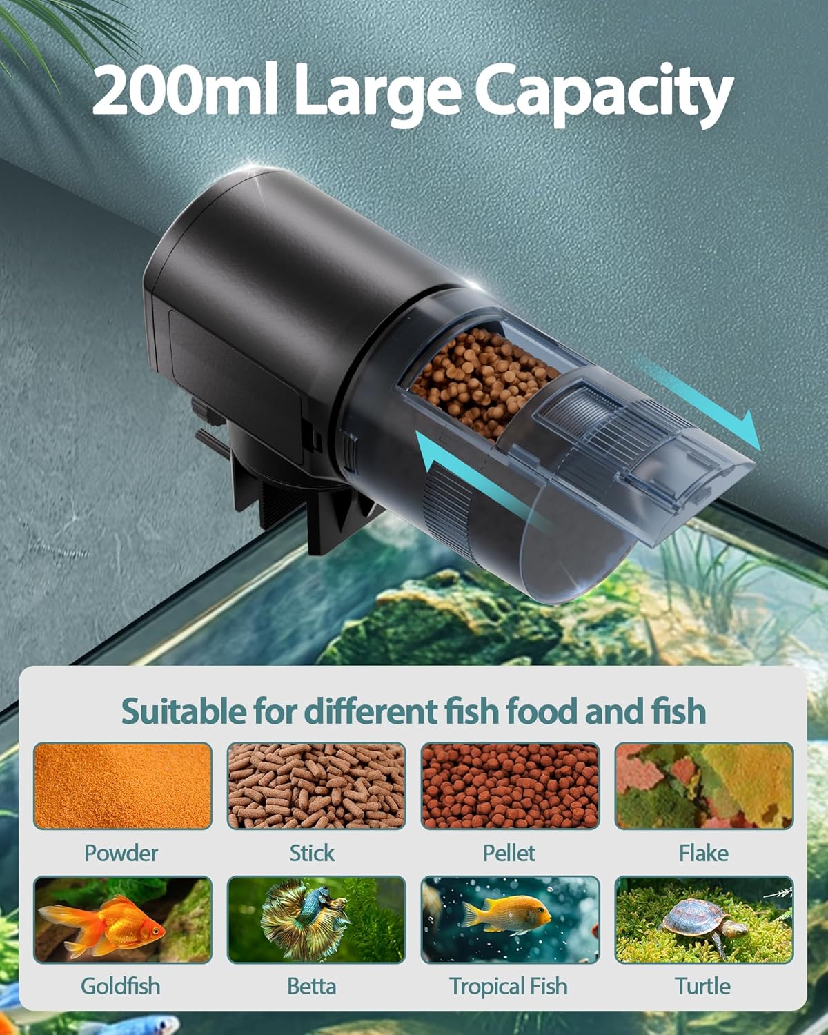 Automatic Fish Feeder Dispenser for Aquarium: 200ml Large Capacity Auto Feeders for Small Tank Turtle Betta Koi - Battery Food Feeding Timer for Flakes Pellet Vacation Weekend Day