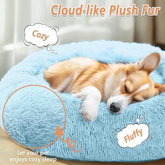 JOLLYVOGUE Medium Calming Dog Bed, Anti-Anxiety Donut Cuddler Cat Bed with Anti-Slip Bottom, Fluffy Faux Fur Machine Washable Pet Cushion for Medium Large Dog & Cat (31")
