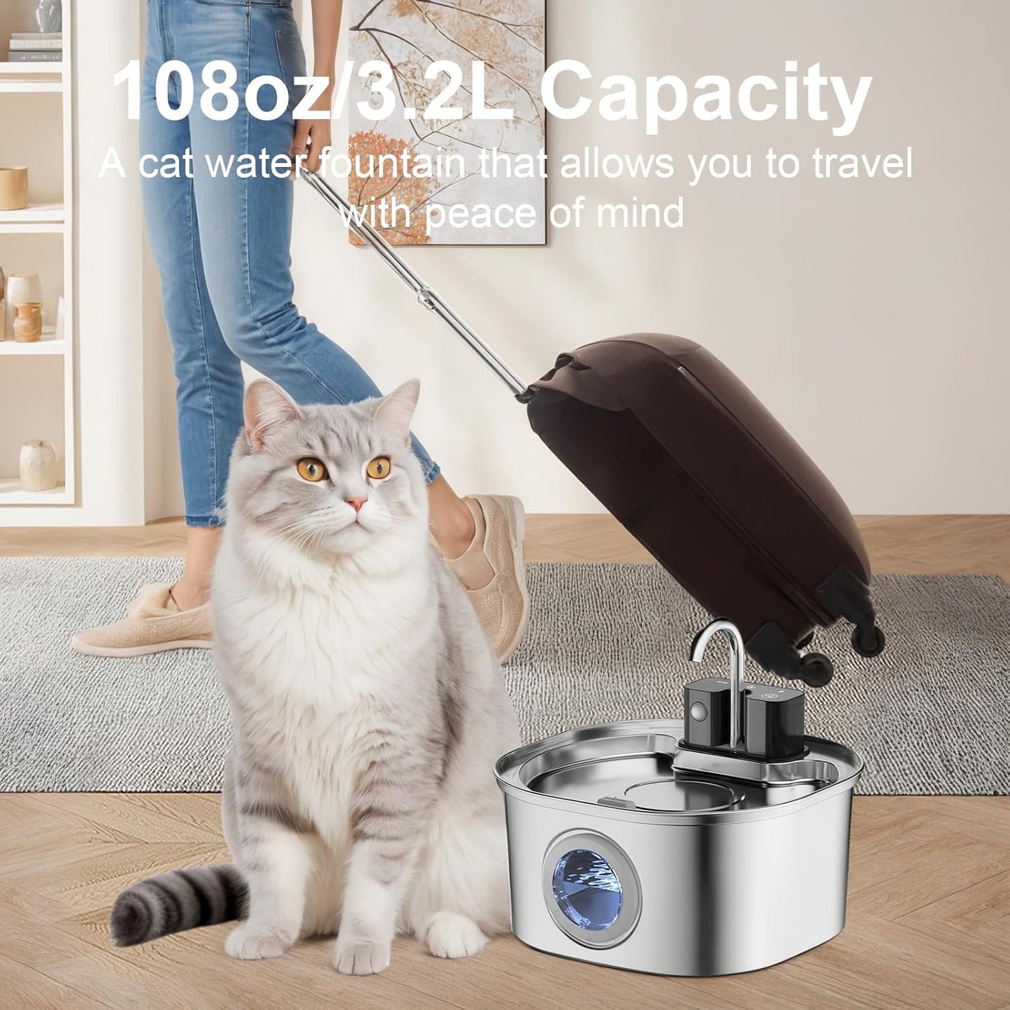 Voluas Wireless Cat Water Fountain Stainless Steel, 108oz/3.2L Battery Operated Cat Water Fountain,Automatic Cat Waterer Fountain with Motion Sensor, Ultra Quiet Pump- Cordless Pet Water Fountain