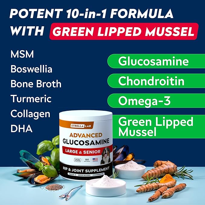 Advanced Glucosamine Chondroitin Joint Supplement for Dogs - Hip & Joint Pain Relief Pills - Green Lipped Mussel & Collagen - Large & Small Breed - Senior Dogs Joint Health - Bacon Flavor - 180ct