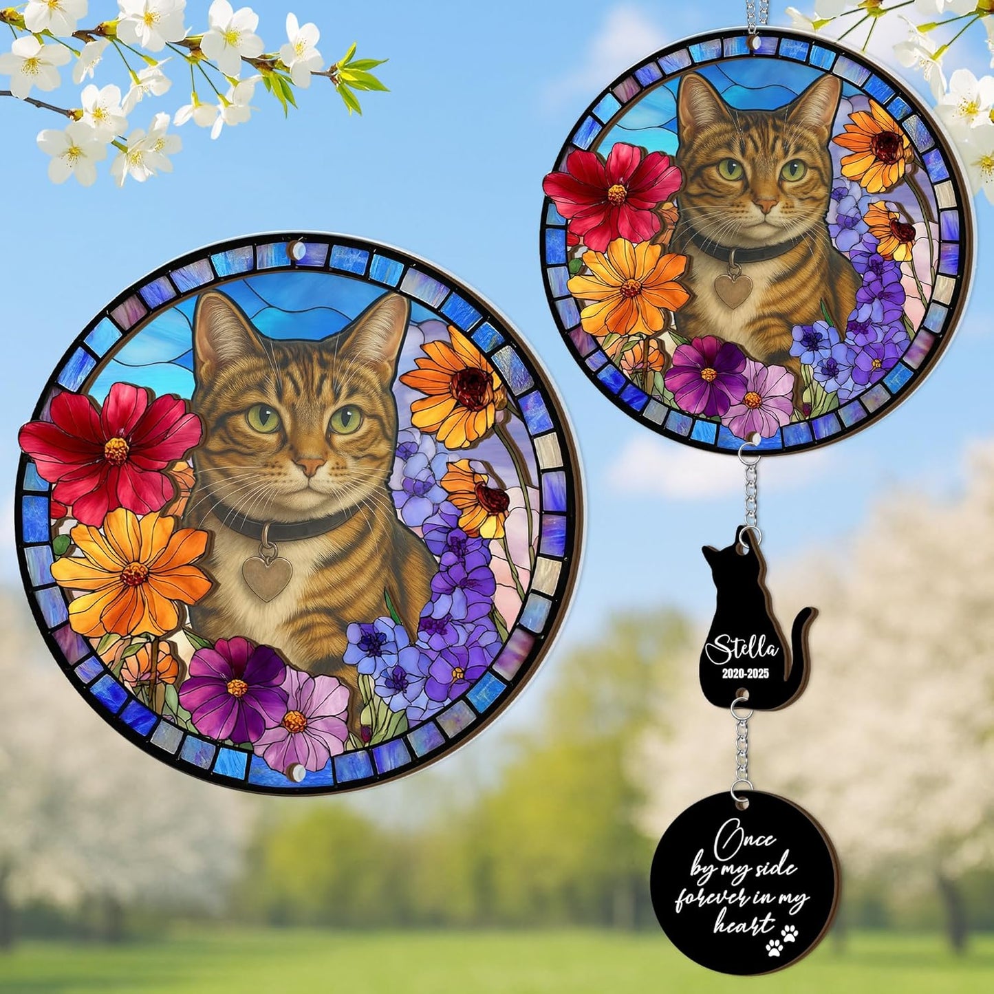 Personalized Stained Glass Sleeping Cat Suncatcher |Cat Loss Sympathy Gift | Customized Pet Memorial Suncatcher with Charms | Custom Pet Memorial Gifts| Best Gifts for Your Beloved Cats Passed Away