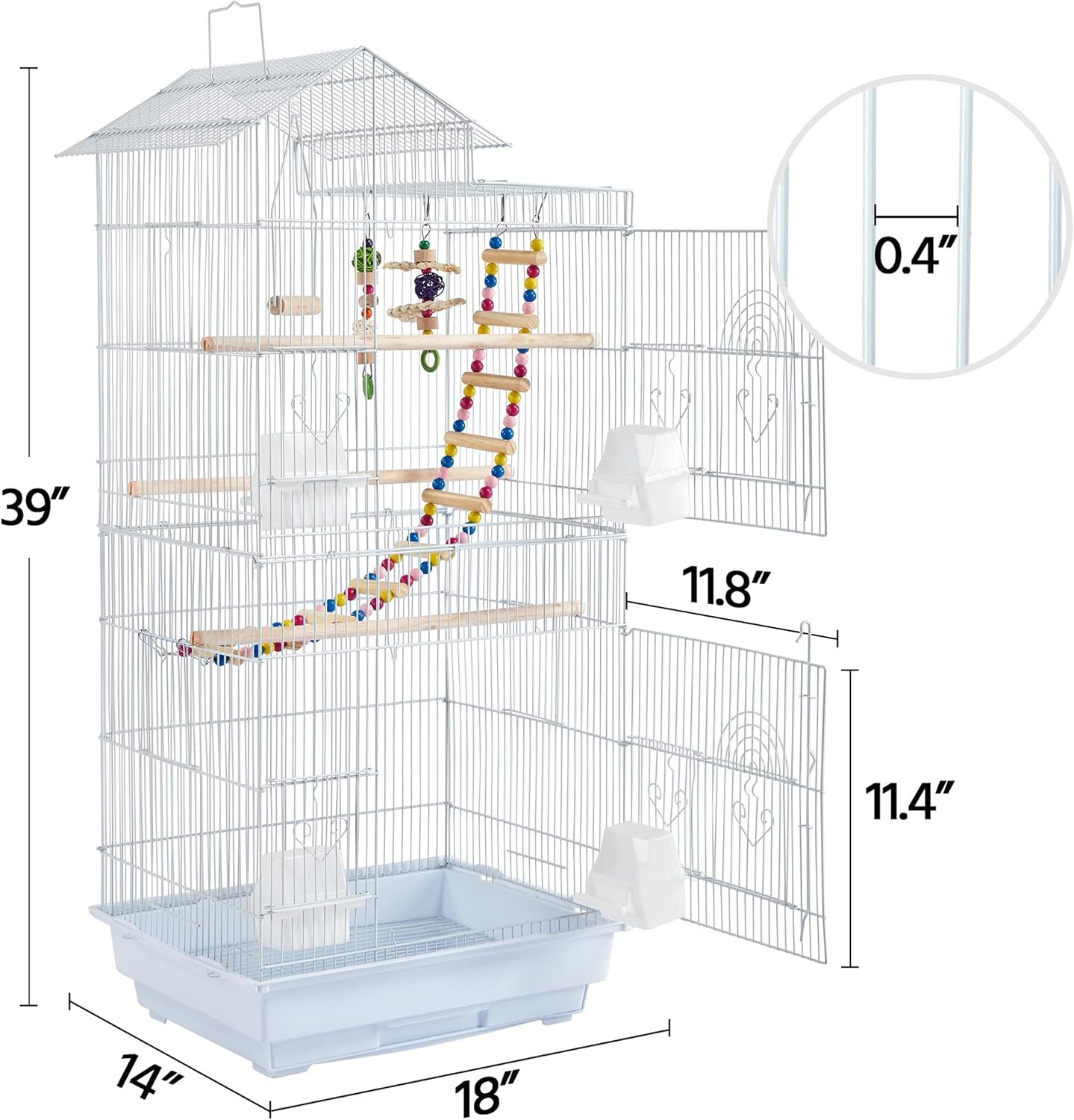 Yaheetech 39-inch Roof Top Medium Parakeet Bird Cages for Cockatiels Conures Finches Budgies Canaries Lovebirds Parakeets Green Cheek Small Birds Parrots, Travel Flight Birdcage w/Toys, White