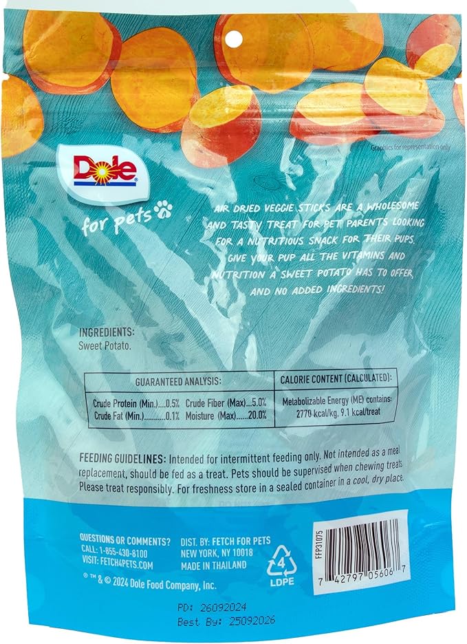 Dole for Pets Air Dried Sweet Potato Dog Treats, 6oz |Made with Real Sweet Potato, Single Ingredient, Limited Ingredient Dog Treats, No Wheat, Corn, Soy, Artificial Flavors, Colors, or Preservatives