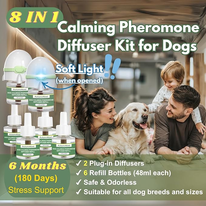 8-in-1 Dog Calming Pheromone Diffuser Kit – Pet Stress Support (2 Plug-Ins + 6 x 48ml Refills), Helps Calm Dogs During Thunderstorms, Travel, Separation, Fireworks & Vet Visits, 180-Day Supply