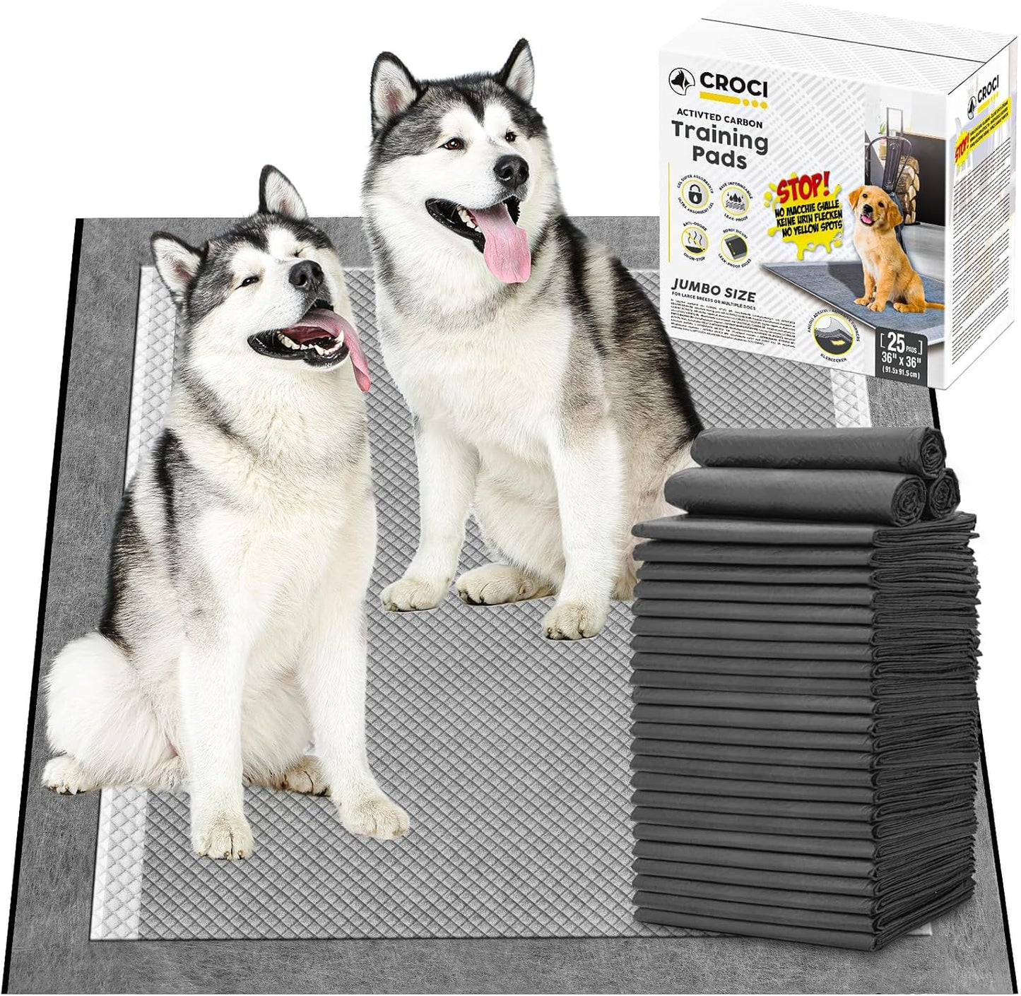 CROCI 36"x36" 3XL Activated Carbon Pee Pads for Dogs, Odor-Control Charcoal Dog Pads Absorbs Up to 11 Cups of Liquid, 6-Layer Thicker Leak-Proof & Quick Dry Dog Training Pads, Disposable (25 Counts)