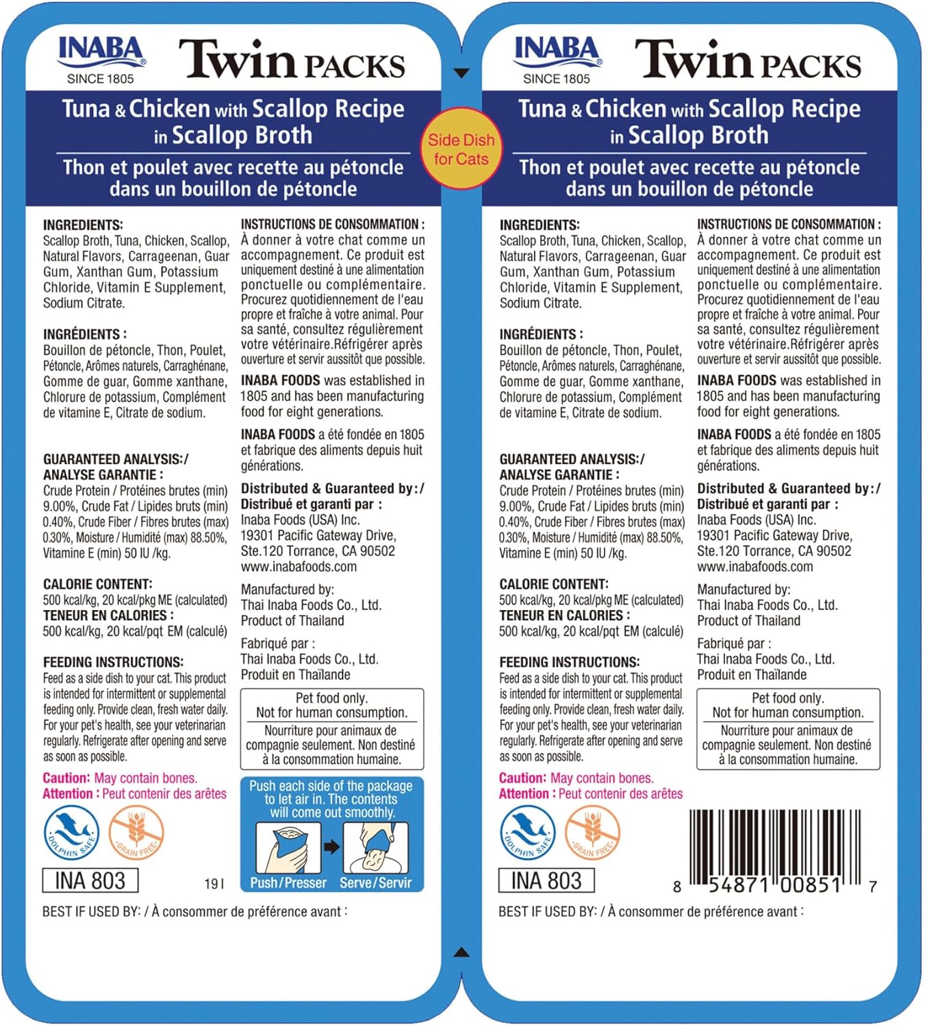 Inaba Twin Packs for Cats, Shredded Chicken & Broth Gelée Side Dish/Topper Pouch, 1.4 Ounces per Serving, 16 Servings, Tuna & Chicken with Scallop Recipe in Scallop Broth
