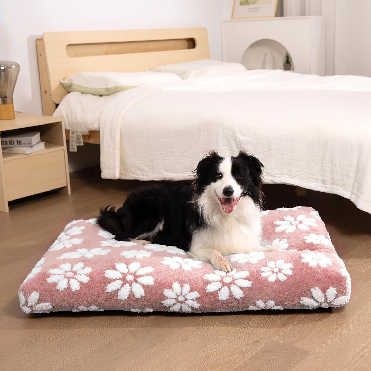 Dog Beds for Small Medium Dogs, Cute Thick Dog Bed for Crate Kennel, Fluffy Pet Bed with Removable Washable Cover and Anti-Slip Bottom, 30"x 20", Pink Flower