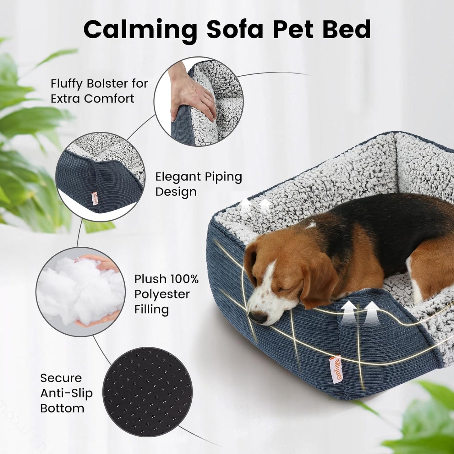 Miguel Washable Dog Bed with Removable Cushion for Medium Small Dogs, Easy to Wash Pet Sofa Bed with Side, Rectangle Bolster Cat Bed Calming Cuddle Puppy Bed with Anti-Slip Bottom, Blue 30 Inch