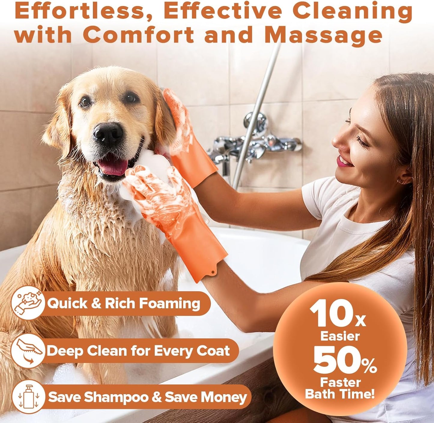6PCS Pet Grooming Kit for Dogs,Cats and Horses | Dog Washing/Bath Gloves | Dog Bath Brush | Shampoo Brush | Pet Grooming Gloves | Dog Bath Supplies (Orange)