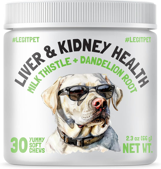 Liver & Kidney Support for Dogs Detox Natural Supplement with Milk Thistle Dandelion Root Turmeric Curcumin Hepatic Support Treats for Canine Liver Function (30 Chews (Pack of 1))
