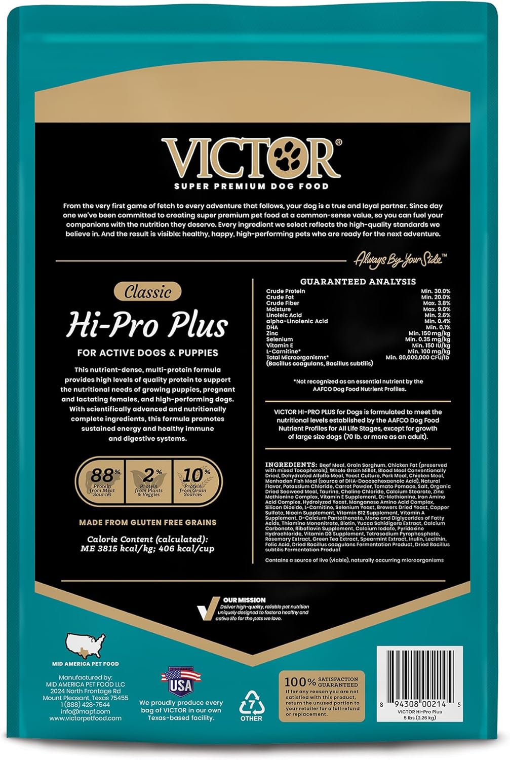 VICTOR Super Premium Dog Food – Hi-Pro Plus Dry Kibble – High Protein Dog Food with 30% Protein – Beef, Chicken, Pork, Fish Meals, Gluten Free - for High Energy and Active Dogs & Puppies, 5lbs